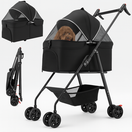 Passeggino per Cani Gatti 2in1 Cestello Rimovibile Pieghevole e Traspirante Nero