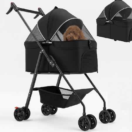 Passeggino per Cani Gatti 2in1 Cestello Rimovibile Pieghevole e Traspirante Nero