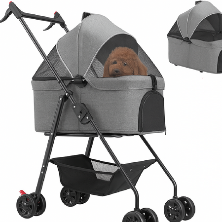 Passeggino per Cani Gatti 2in1 Cestello Rimovibile Pieghevole e Traspirante Grigio