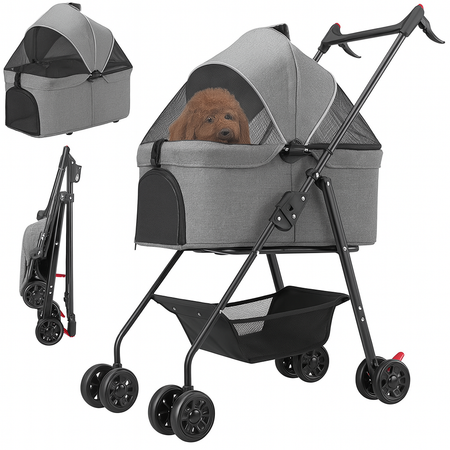 Passeggino per Cani Gatti 2in1 Cestello Rimovibile Pieghevole e Traspirante Grigio