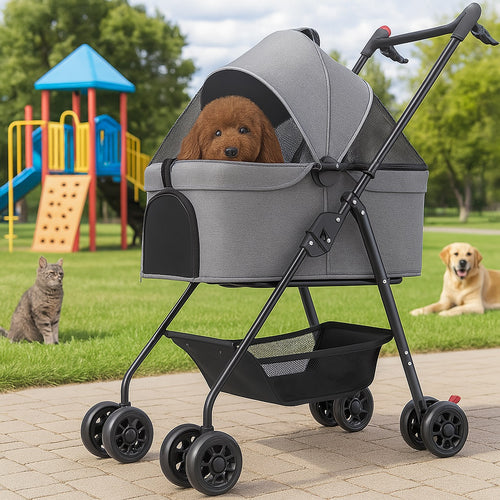 Passeggino per Cani Gatti 2in1 Cestello Rimovibile Pieghevole e Traspirante Grigio