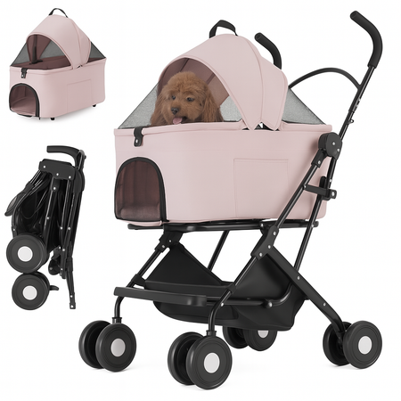 Passeggino Cani e Gatti 2in1 Trasportino Rimovibile e Struttura Pieghevole Robusta Rosa