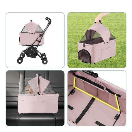 Passeggino Cani e Gatti 2in1 Trasportino Rimovibile e Struttura Pieghevole Robusta Rosa