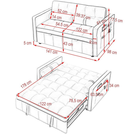 Divano 2Posti con Letto Apribile e Schienale Reclinabile Velluto Grigio e Cuscini inclusi