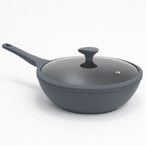 Padella Wok Antiaderente 30cm Alluminio Pietra con Coperchio Vetro Induzione Grigio