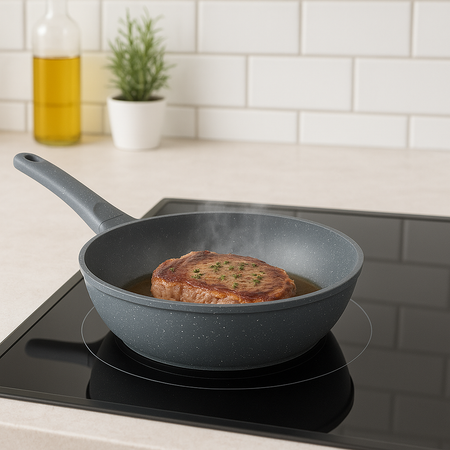 Padella Wok Antiaderente 30cm Alluminio Pietra con Coperchio Vetro Induzione Grigio