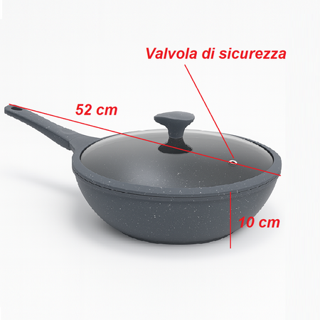 Padella Wok Antiaderente 30cm Alluminio Pietra con Coperchio Vetro Induzione Grigio