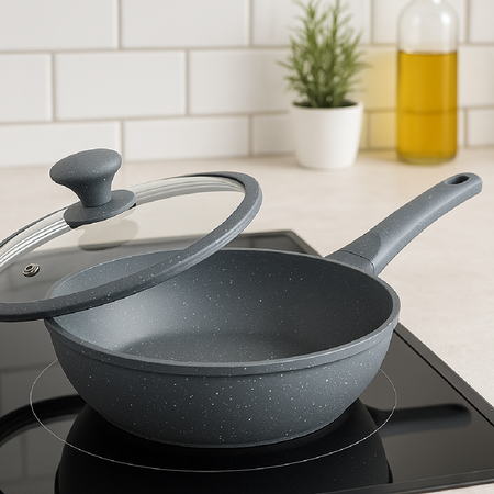 Padella Wok Antiaderente 30cm Alluminio Pietra con Coperchio Vetro Induzione Grigio