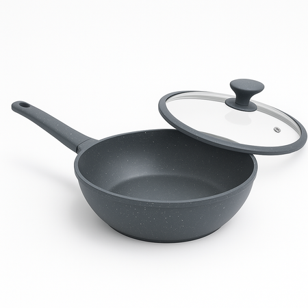 Padella Wok Antiaderente 30cm Alluminio Pietra con Coperchio Vetro Induzione Grigio