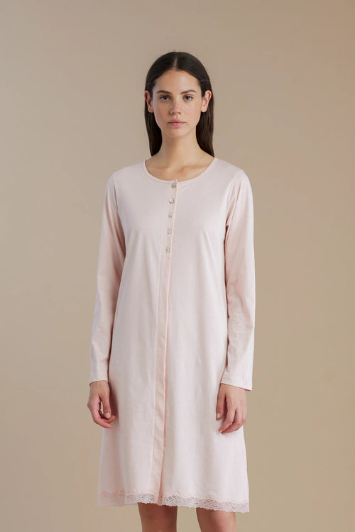 Camicia da notte in cotone a maniche lunghe con bottoni e bordo in pizzo - Noi di notte 3266