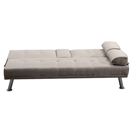 Divano Convertibile 2in1 in Tessuto Tortora Cuscini e Bracciolo con Portabibite