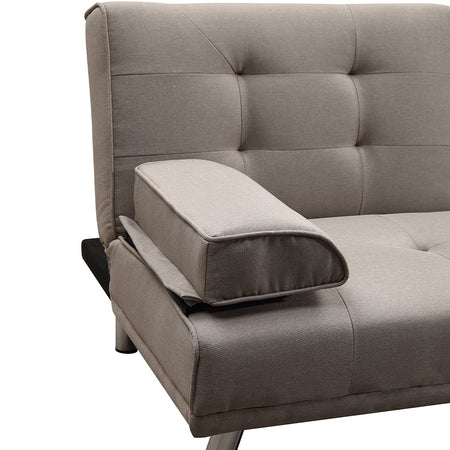 Divano Convertibile 2in1 in Tessuto Tortora Cuscini e Bracciolo con Portabibite