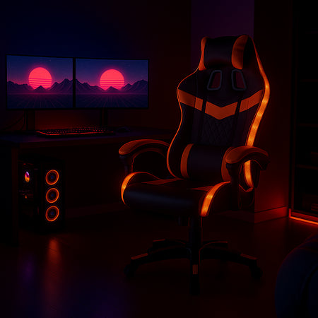 Sedia Gaming Scrivania Led RGB Ergonomica Altezza Eegolabile con 2Cuscini Nero Arancio