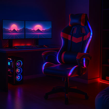 Sedia Gaming Scrivania Led RGB Ergonomica Altezza Eegolabile con 2Cuscini Nero Rosso