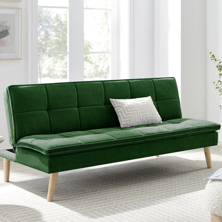 Divano Letto Reclinabile 3 Posti Ergonomico in Tessuto Verde con Gambe in Legno