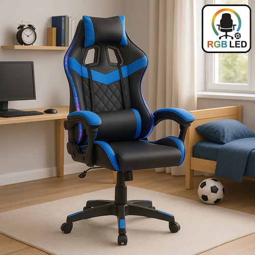 Sedia Gaming Scrivania Led RGB Ergonomica Altezza Eegolabile con 2Cuscini Nero Blu