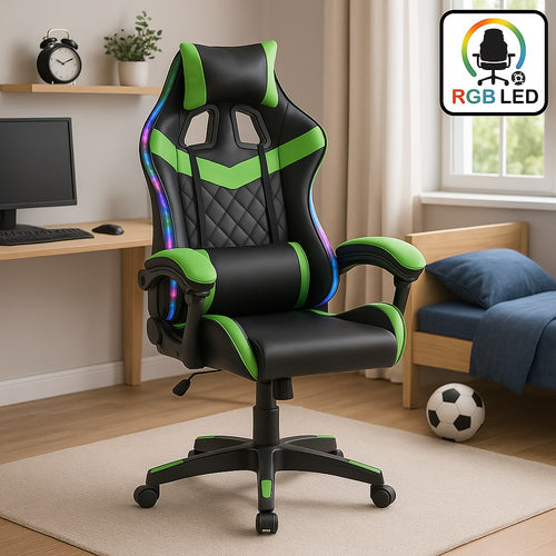 Sedia Gaming Scrivania Led RGB Ergonomica Altezza Eegolabile con 2Cuscini Nero Verde