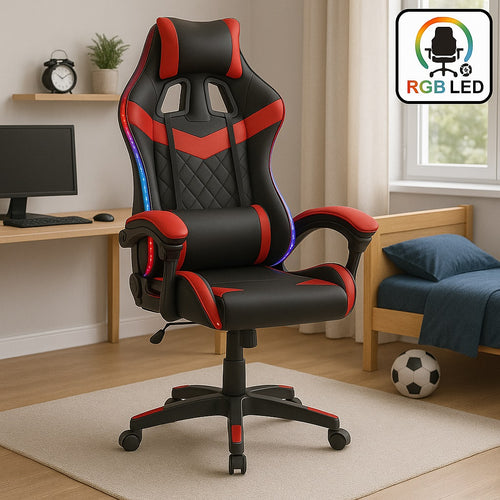 Sedia Gaming Scrivania Led RGB Ergonomica Altezza Eegolabile con 2Cuscini Nero Rosso