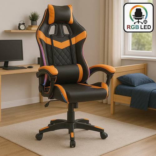 Sedia Gaming Scrivania Led RGB Ergonomica Altezza Eegolabile con 2Cuscini Nero Arancio