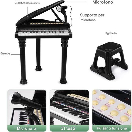 Tastiera Musicale Giocattolo Pianoforte per Bambini Nero 31 Tasti e Microfono