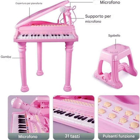 Pianoforte per Bambini con 31 Tasti Sgabello e Microfono Tastiera Musicale Rosa