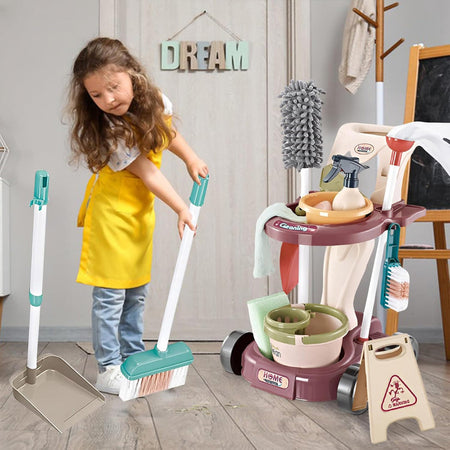 Kit di Pulizia per Bambini con Carrello Scopa Paletta Giocattolo Gioco Educativo