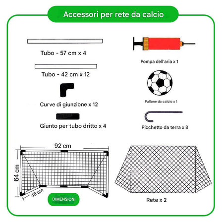 Set 2 Porte Calcio 92 x 64 cm con Pallone Gonfiatore e Morsetti per Fissaggio