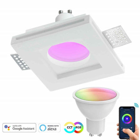 Faretto Slim Gesso Smart Led Gu10 Wifi Incasso Quadrato Rgb Cct Alexa Google 10x10cm