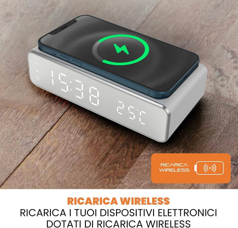 Sveglia Digitale Con Ricarica Wireless Smartphone Display A Led Luce Regolabile