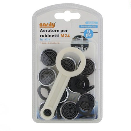 Kit 9pz Aeratori Per Rubinetto M24 In Abs 24mm Chiave Serraggio Guarnizioni 59031