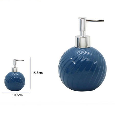 Dispenser Porta Sapone Liquido Sferico In Ceramica Rigata Blu Arredo Bagno 79954