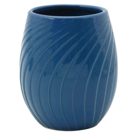 Bicchiere Porta Spazzolini In Ceramica Rigata Blu Accessori Arredo Bagno 79955