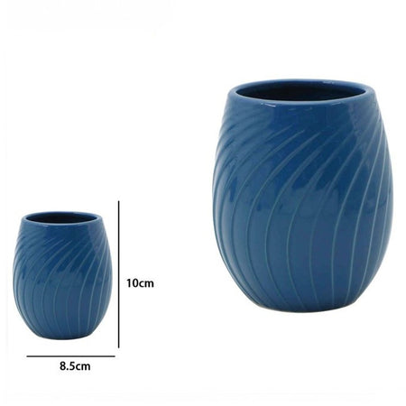 Bicchiere Porta Spazzolini In Ceramica Rigata Blu Accessori Arredo Bagno 79955