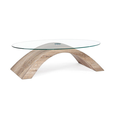 Tavolino "Kenya" ovale gambe in MDF e paino in vetro per interni