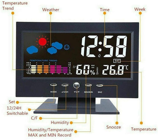 Stazione Meteo Igrometro Orologio Sveglia Da Tavolo Display Lcd Color Senza Fili