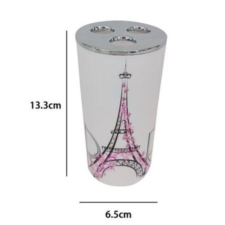 Bicchiere Portaspazzolino A 3 Fori Decorato Scritta Paris Accessorio Bagno 87041