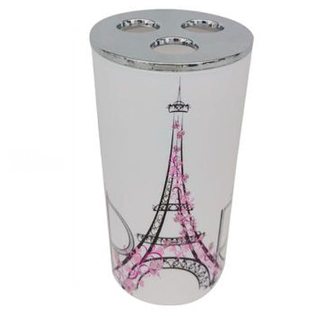 Bicchiere Portaspazzolino A 3 Fori Decorato Scritta Paris Accessorio Bagno 87041