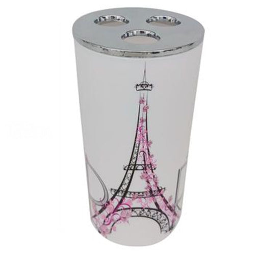 Bicchiere Portaspazzolino A 3 Fori Decorato Scritta Paris Accessorio Bagno 87041