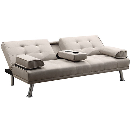 Divano Convertibile 2in1 in Tessuto Tortora Cuscini e Bracciolo con Portabibite