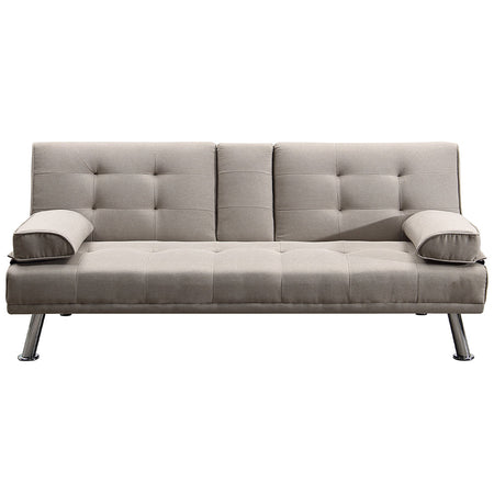 Divano Convertibile 2in1 in Tessuto Tortora Cuscini e Bracciolo con Portabibite