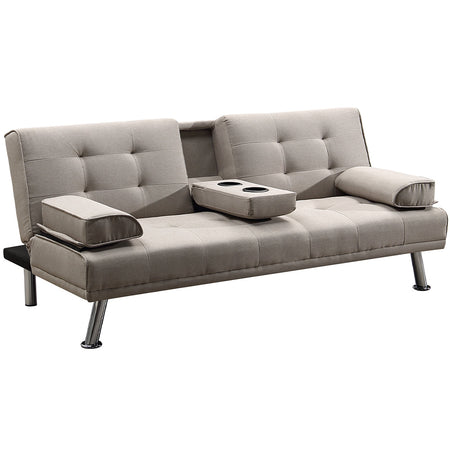 Divano Convertibile 2in1 in Tessuto Tortora Cuscini e Bracciolo con Portabibite