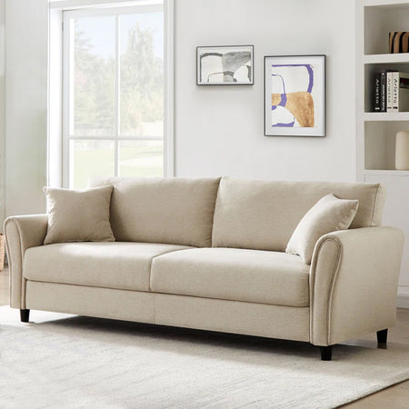 Divano 3Posti Tessuto Imbottito Relax Design Moderno 212cm Struttura Legno Beige