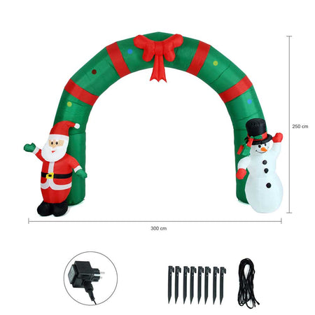 Arco Gonfiabile Natalizio 300x240 cm con Babbo Natale Pupazzo Neve Luci Led Esterno