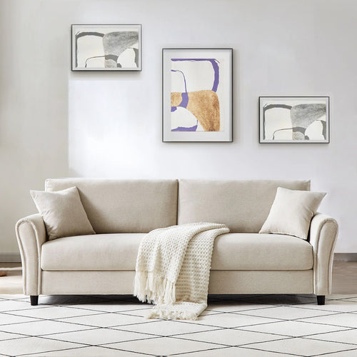 Divano 3Posti Tessuto Imbottito Relax Design Moderno 212cm Struttura Legno Beige