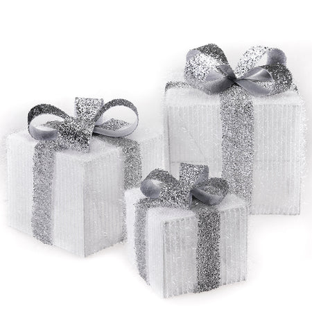 Set 3 Pacchi Regalo Natale Luminosi Bianco Argento LED Decorazione Interno Esterno