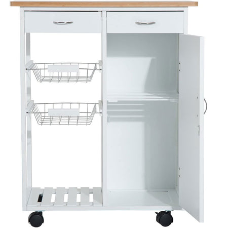 Carrello Cucina in Legno Bianco con Cassetti Cestelli Acciaio e Top Bambù Multiuso