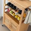Carrello Cucina Bambù con Portabottiglie Cassetto 2 Ante e Cesto Acciaio 60x35 H 88 cm