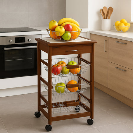 Carrello Cucina Legno Ciliegio 3 Cestelli Acciaio e Piano Ceramica Salvaspazio