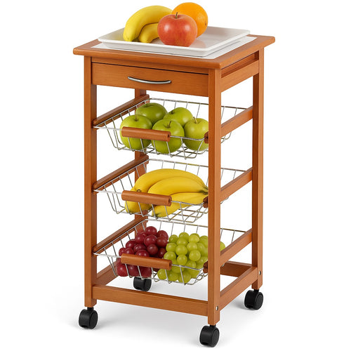 Carrello Cucina Legno Ciliegio 3 Cestelli Acciaio e Piano Ceramica Salvaspazio