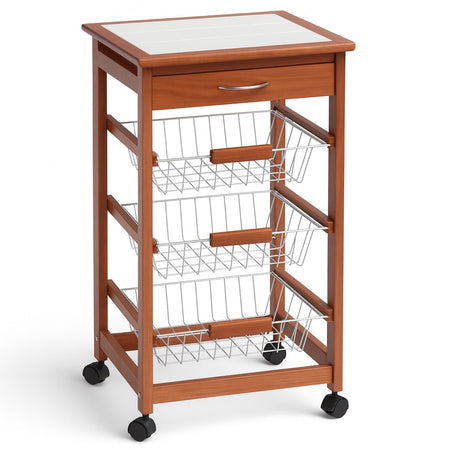 Carrello Cucina Legno Ciliegio 3 Cestelli Acciaio e Piano Ceramica Salvaspazio